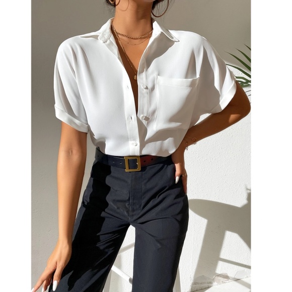 White Casual Button Up / Down Shirt Collar V-Neck Button Front Short Sleeve - Picture 10 of 17